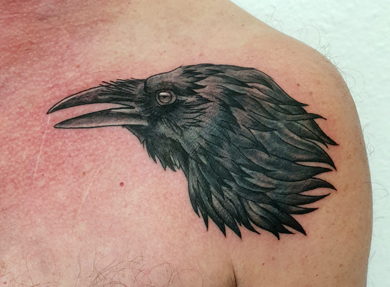 Vogel Tattoo: Kopfe einer Krähe, tätowiert auf der Schulter.