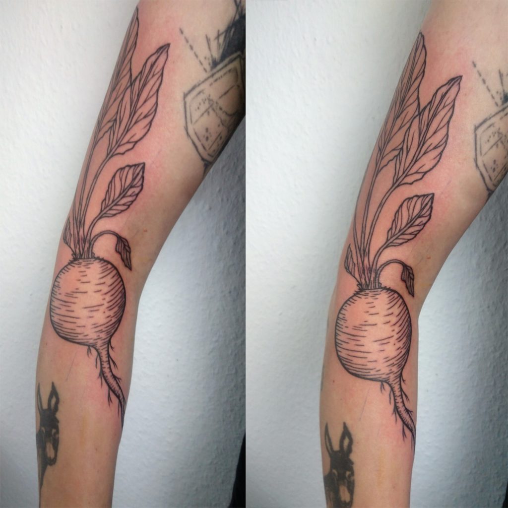 beetroot tattoo in lineworktattoo and woodcuttattoo style, botanical tattoo