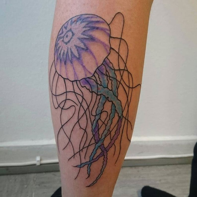 Jellyfish tattoo. Colors: black, purple and blue