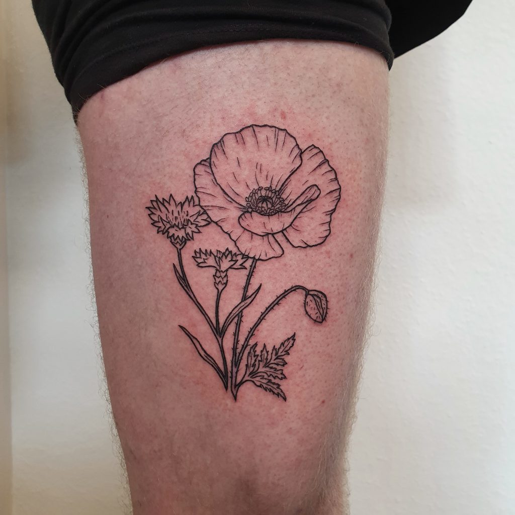 botanical poppy & cornflower tattoo in lineworktattoo and woodcutattoo style, botanical tattoo