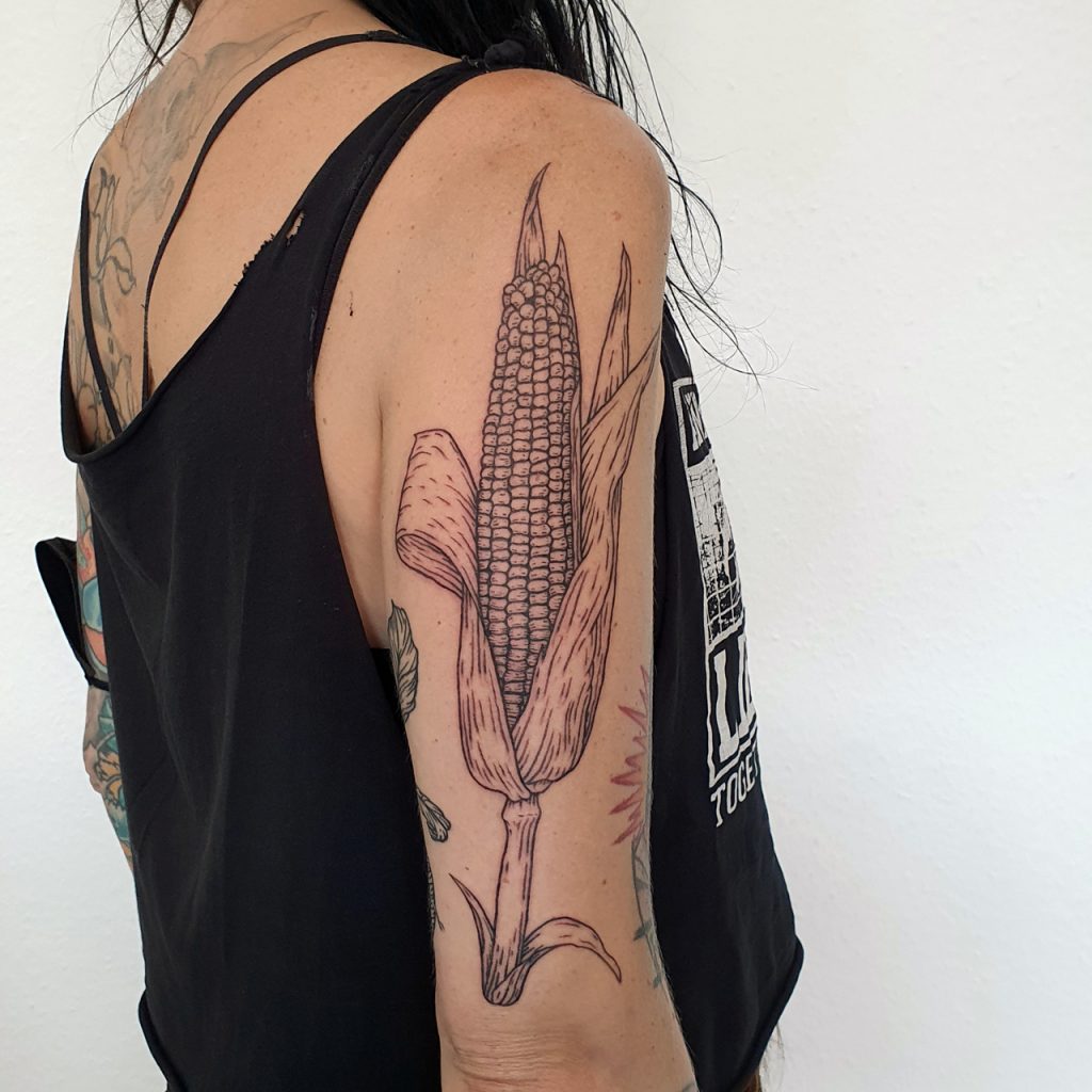 corncob tattoo on arm in woodcuttattoo and lineworktattoo style, botanical tattoo